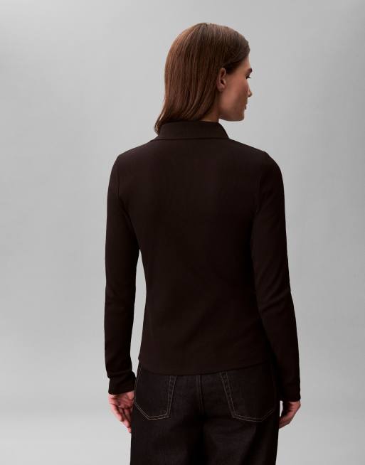 Calvin Klein Jeans - Top côtelé ajusté à manches longues et col polo - Noir, 3 de 4