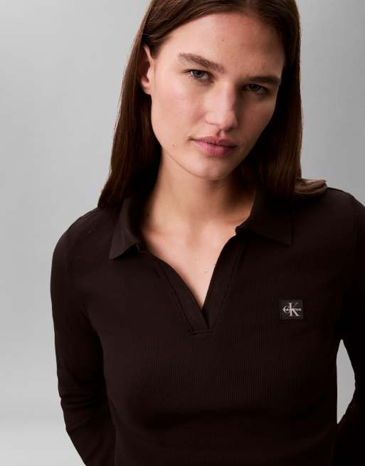 Calvin Klein Jeans - Top côtelé ajusté à manches longues et col polo - Noir, 4 de 4