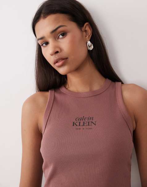 Calvin Klein Jeans - Top girocollo senza maniche marrone con logo - view 1