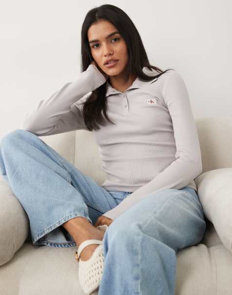 Calvin Klein Jeans - top henley de manga larga con cuello alto y etiqueta tejida en gris ceniza - view 1