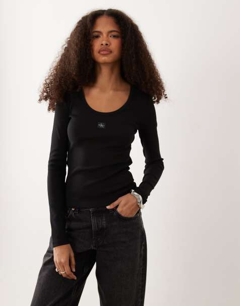 Calvin Klein Jeans - Top met lange mouwen en geweven label in zwart - view 1