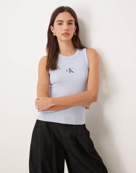 Calvin Klein Jeans - Top senza maniche blu a coste con monogramma - view 1