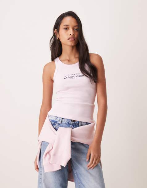 Calvin Klein Jeans - Top senza maniche rosa a coste con grafica del logo - view 1