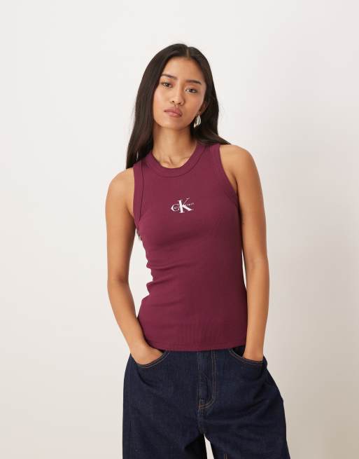 Calvin Klein Jeans - Top senza maniche slim color mora a coste con logo a monogramma 