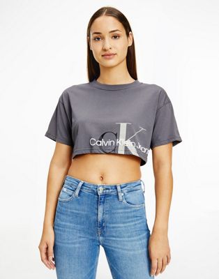 Calvin Klein Jeans two tone monogram cropped t-shirt in grey | ASOS