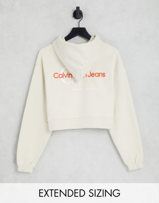 Calvin Klein Jeans two tone monogram hoodie in ecru
