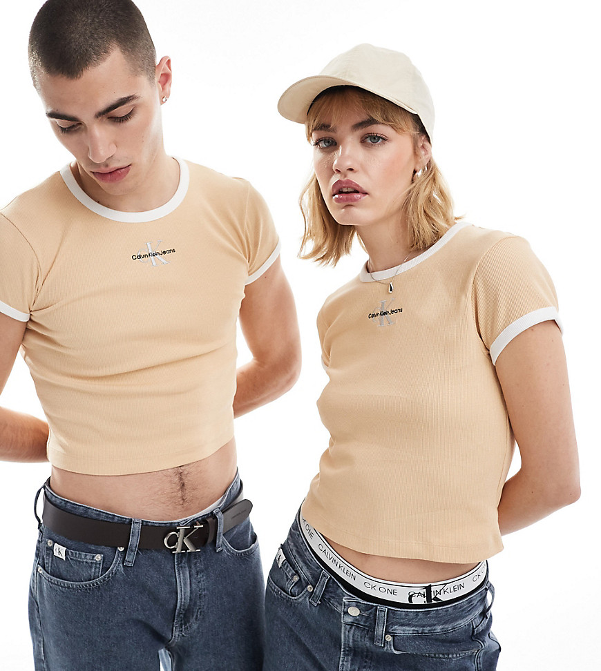 Calvin Klein Jeans Unisex baby ringer tee in beige - ASOS Exclusive-Neutral