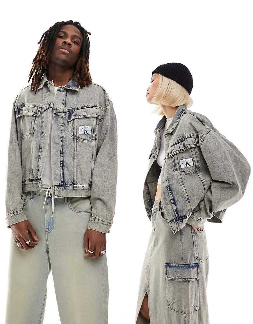 Calvin Klein Jeans Unisex co-ord boxy denim jacket in mid wash-Blue