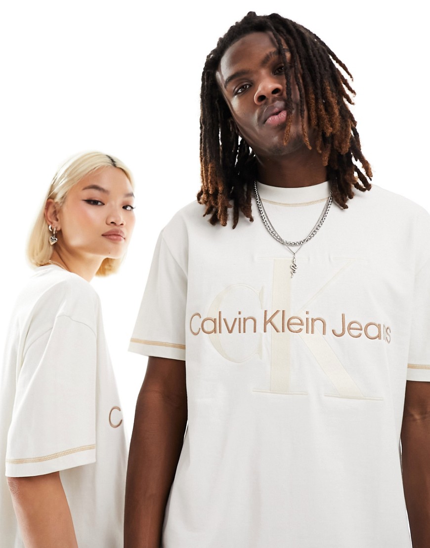 Calvin Klein Jeans Unisex monogram logo t-shirt in ivory-White