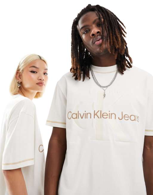 Calvin Klein Jeans Unisex monogram logo t-shirt in ivory