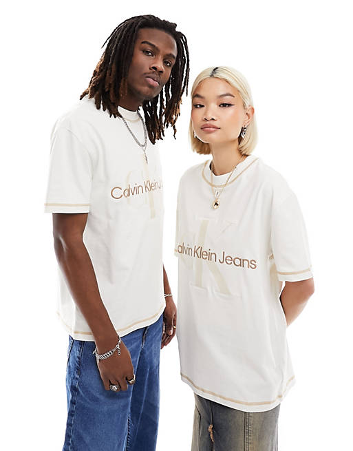 Calvin Klein Jeans Unisex monogram logo t-shirt in ivory | ASOS