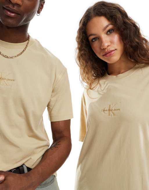 Calvin Klein Jeans – Unisex – Oversize-T-Shirt in verwaschenem Sand mit Monogramm-Logo, 3 von 4