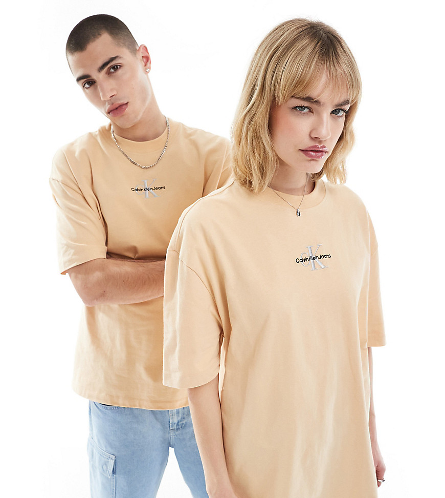 Calvin Klein Jeans Unisex oversized logo tee in beige - ASOS Exclusive-Neutral