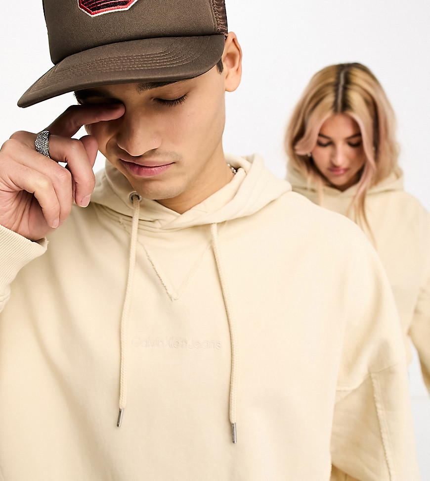 Calvin Klein Jeans Unisex seaming oversized hoodie in beige - exclusive to ASOS-Neutral
