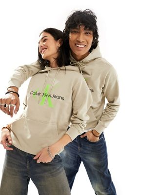 Calvin Klein Jeans unisex seasonal monogram logo regular hoodie in multi-Neutral