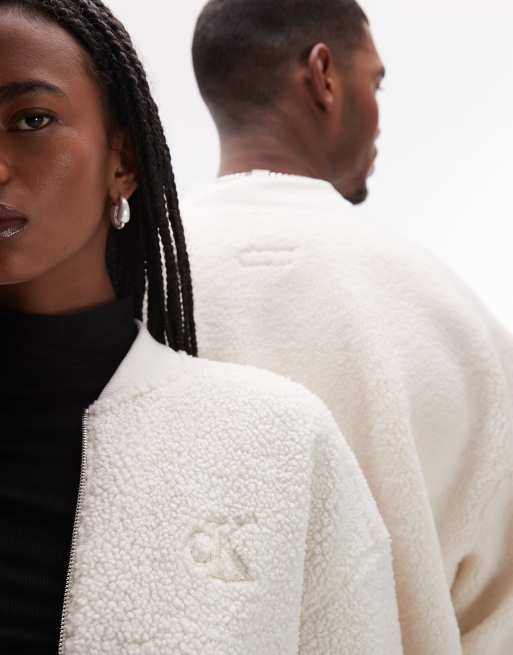 Calvin Klein Jeans unisex sherpa bomber jacket in off white - ASOS Exclusive
