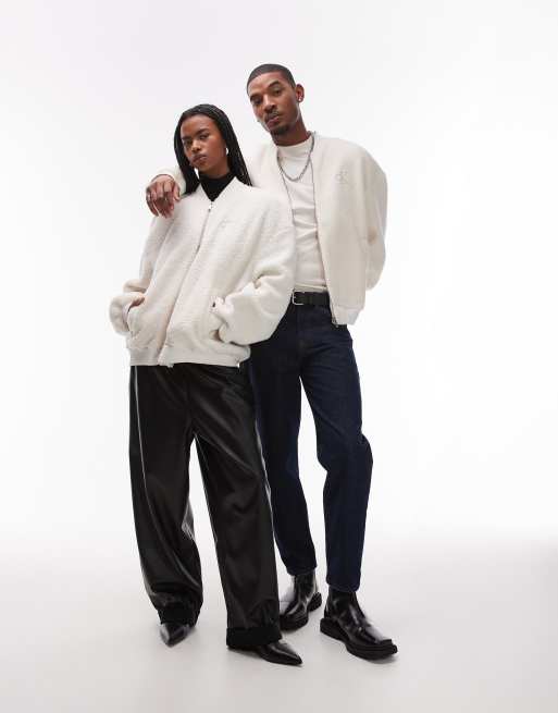 Calvin Klein Jeans unisex sherpa bomber jacket in off white - ASOS Exclusive