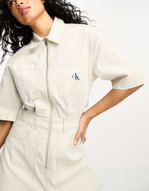 Calvin Klein Jeans - Utility overall met uitsnijding achter in crème, 3 van 4