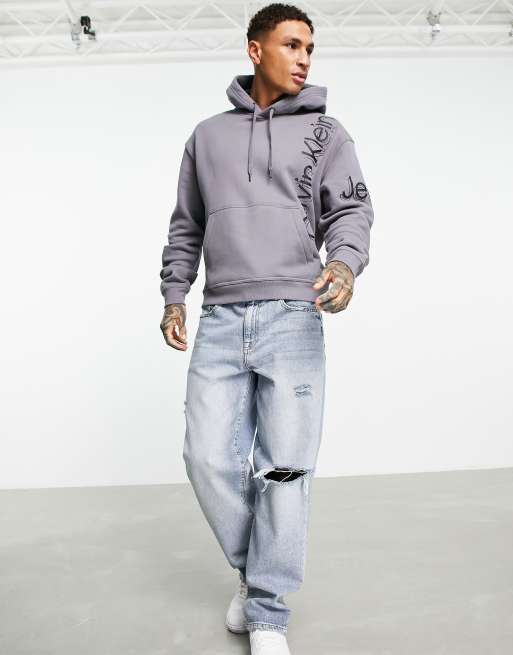 Calvin Klein Jeans Vertical Bold Logo Hoodie In Gray