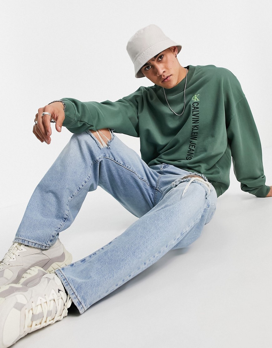 Calvin Klein Jeans vertical institutional logo sweatshirt in washed green