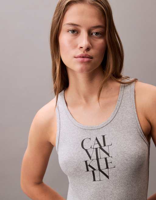 Calvin Klein Jeans - Vestito corto senza maniche grigio a coste con logo, 3 di 4