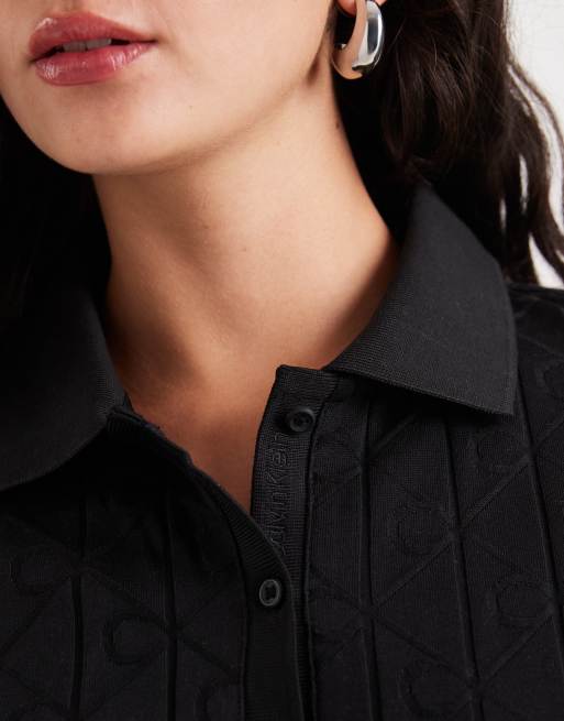 Calvin Klein Jeans - Vestito corto stile polo nero jacquard con stemma, 4 di 4