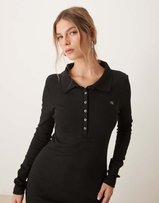 Calvin Klein Jeans Vestito lungo nero a coste con logo ASOS