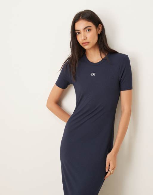 Calvin Klein Jeans - Vestito midi a maniche corte color blu navy a coste con logo, 3 di 4