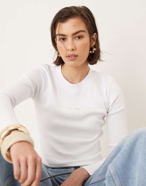 Calvin Klein Jeans – Vit topp med monogramlogga och långa ärmar - view 1