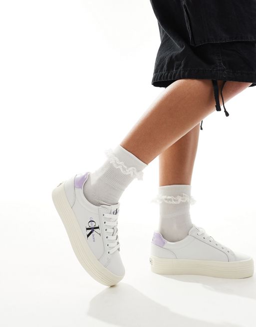 Calvin Klein Jeans vulcanised flatform sneakers in white and lilac