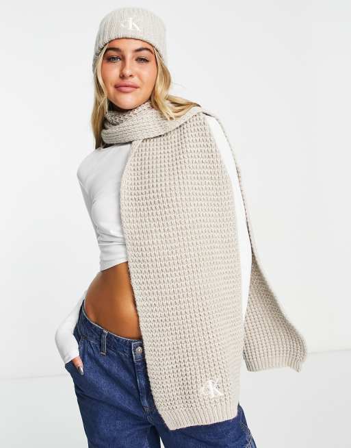 Calvin Klein Jeans waffle beanie and scarf set in eggshell ASOS