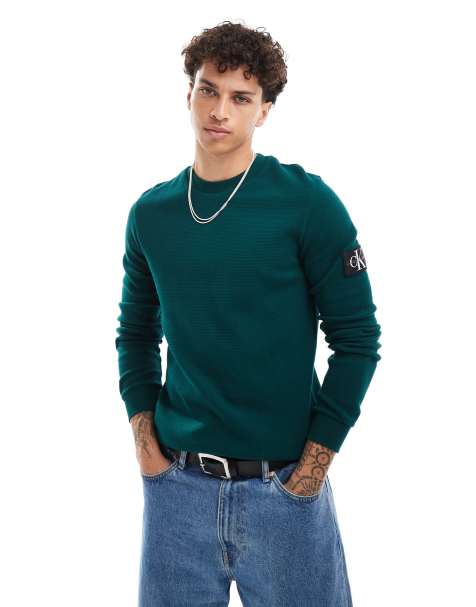 Calvin Klein Jeans waffle long sleeve badge t-shirt in dark green - view 1