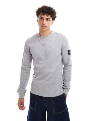 Calvin Klein Jeans Calvin Klein Jeans waffle long sleeve badge t-shirt in grey marl