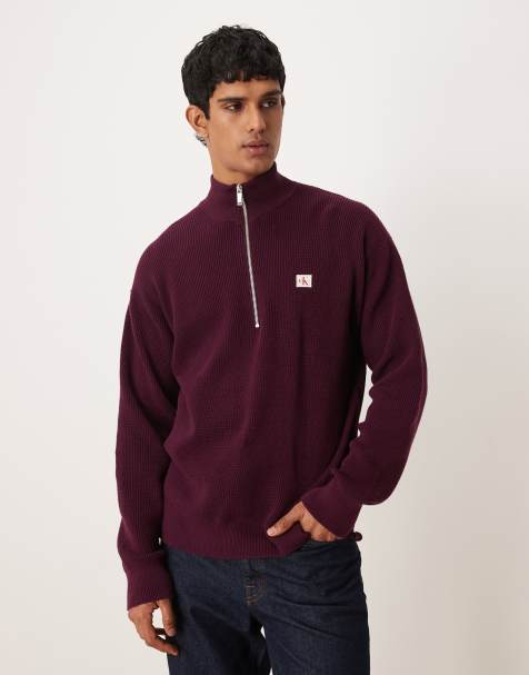 Calvin Klein Jeans waffle quarter zip jumper in plum