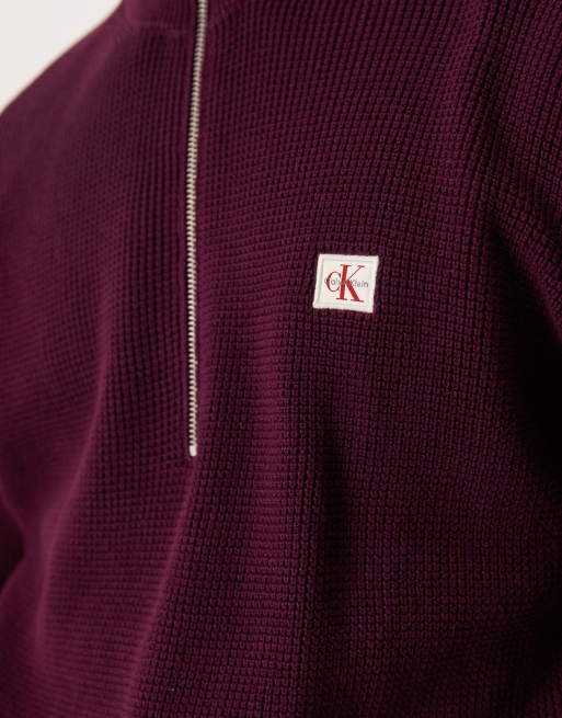 Calvin Klein Jeans waffle quarter zip jumper in plum, 5 of 5