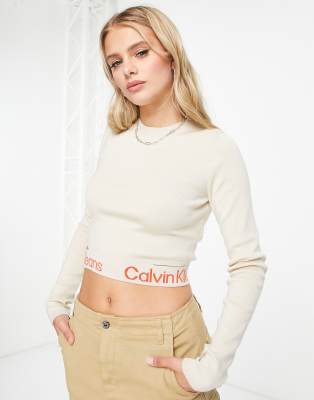 Calvin Klein Jeans waist logo intarsia sweater in eggshell