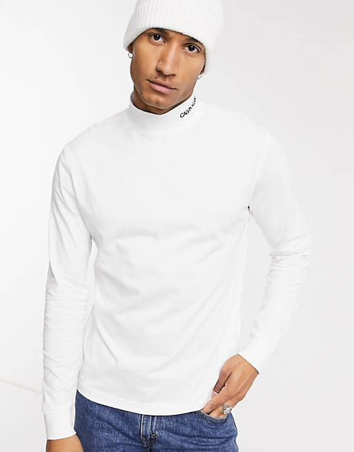 Calvin Klein Jeans – Weißes, langärmliges Shirt mit Stehkragen und Logo |  ASOS