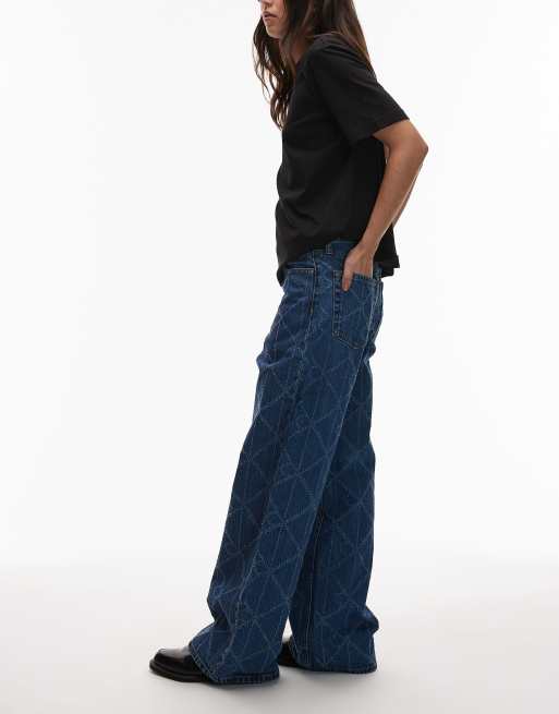 Calvin Klein Jeans – Weite Jeans in Mittelblau mit Laserschnitt, Logomuster und niedrigem Bund, 2 von 5