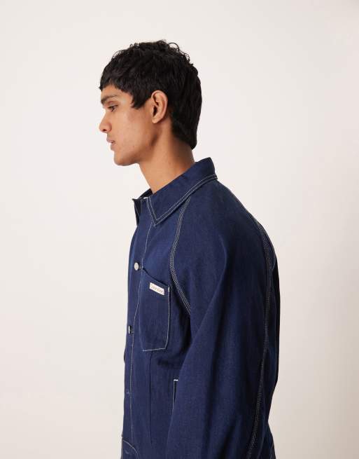Calvin Klein Jeans – Workwear-Jacke in Mittelblau mit Kontrastnähten und Abnähern, 4 von 5
