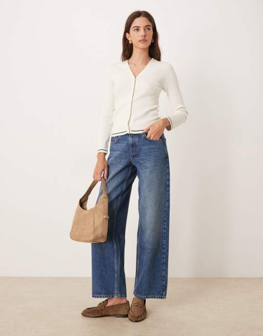 Calvin Klein Jeans woven label cable knit cardigan in cream, 2 of 4