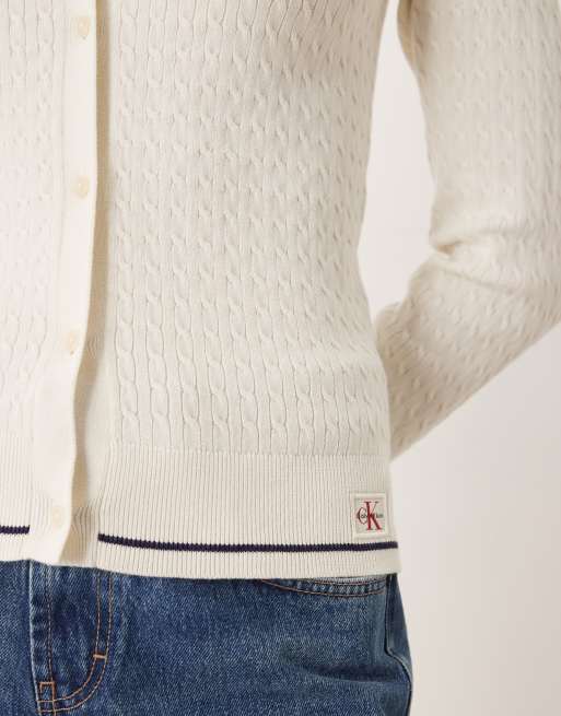 Calvin Klein Jeans woven label cable knit cardigan in cream, 3 of 4