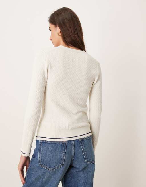 Calvin Klein Jeans woven label cable knit cardigan in cream, 4 of 4