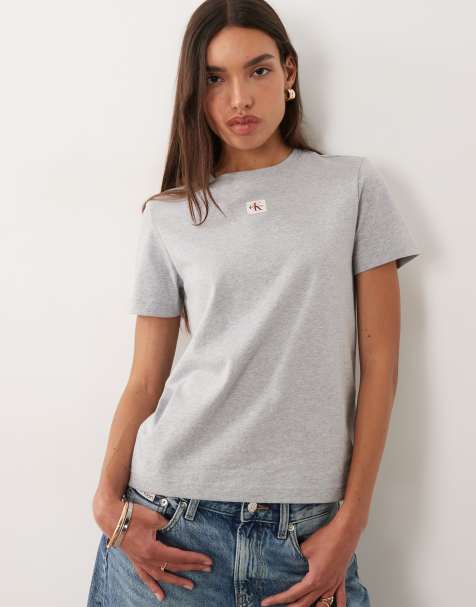Calvin Klein Jeans woven label classic fit t-shirt in light grey - view 1