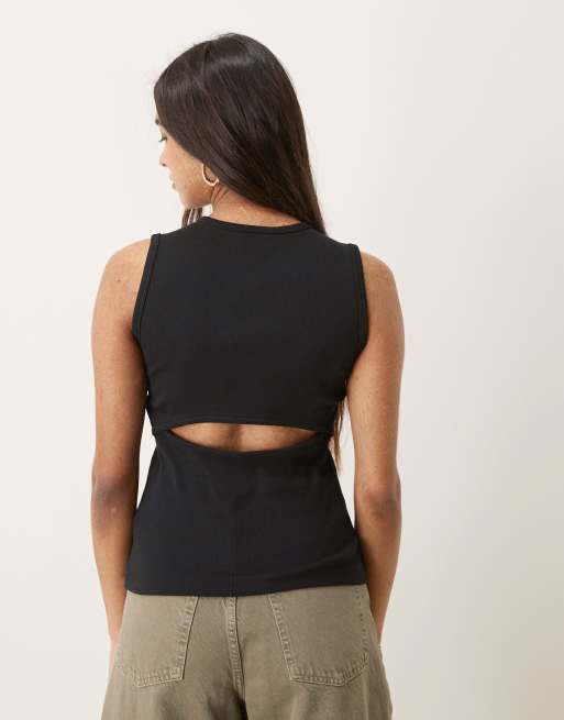 Calvin Klein Jeans Woven Label cotton rib tank top in black, 2 of 4