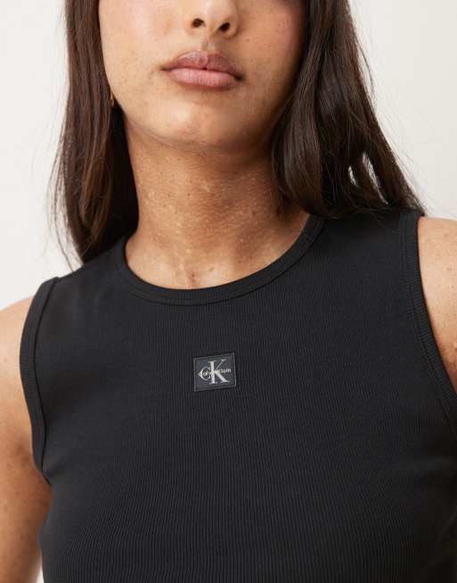 Calvin Klein Jeans Woven Label cotton rib tank top in black, 3 of 4