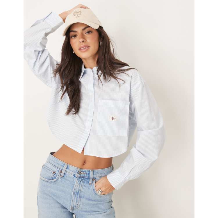 売れ筋商品|||カルバンクライン シャツ レディース トップス LABEL CROPPED SHIRT - Button-down blouse - bright white Calvin Klein Jeans LABEL CROPPED SHIRT - Button-down blouse