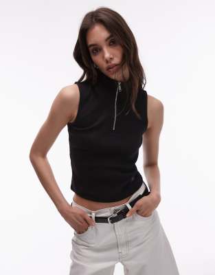 Calvin Klein Jeans woven label cropped sleeveless 1/4 zip top in black - view 1