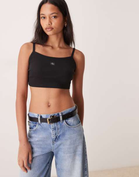 Calvin Klein Jeans woven label cropped tank in black - view 1