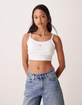 Calvin Klein Jeans Woven Label cropped tank in white | ASOS