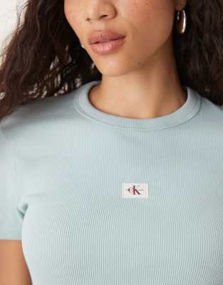 Calvin Klein Jeans Est.1978 Woven Label Fitted Rib Knit T-shirt In Blue